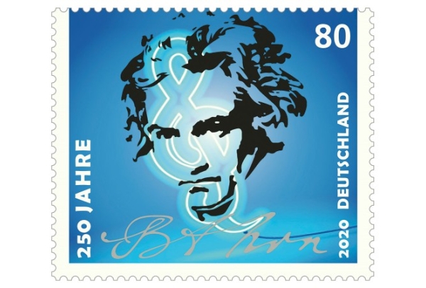Image of German postage stamp featuring a drawing of Beethoven's face