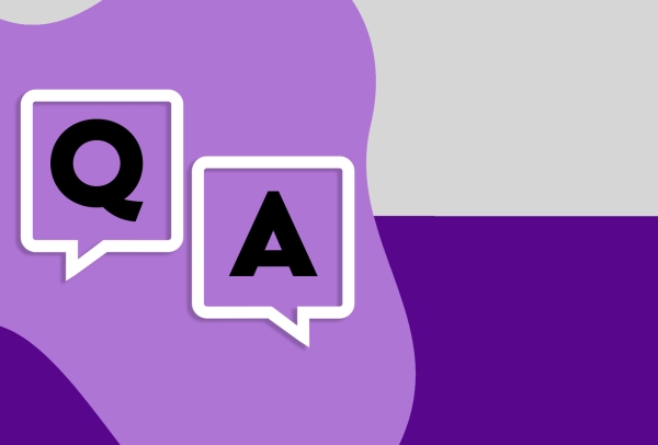 A purple and grey graphic with two speech bubbles that read "Q&A"