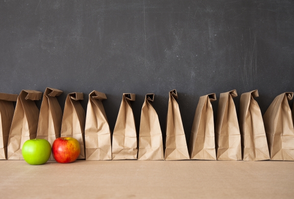 Photo of 12 brown paper lunch bags lined up in front of a blackboard, there are two apples in front of the paper bags