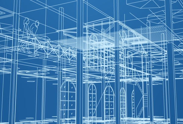 Image is blue with white lines creating a 3D rendering of a building