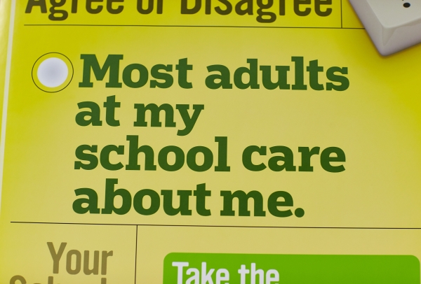 Image contains a yellow background with dark green text that states "Most adults at my school care about me"