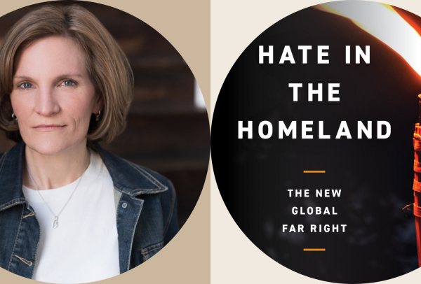 Headshot image of Cynthia Idriss Miller on the left, and the cover of her most recent book, Hate In The Homeland, on the right