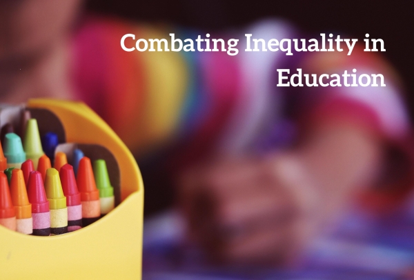 Combatting Inequality in Education; Crayons in foreground and student coloring in the blurred background