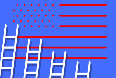 Four ladders of descending height resting against an American flag