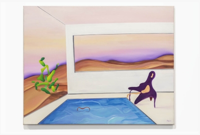 Painting of pool and desert in a room. 