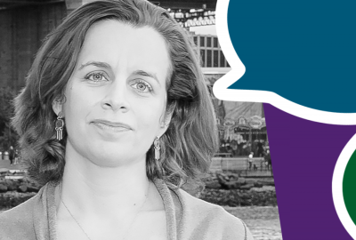 A black and white picture of Dr. Amanda Geller next to two speech bubbles, one blue and one green