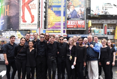 Broadway Percussion Students in front of Jersey Boys Marquee