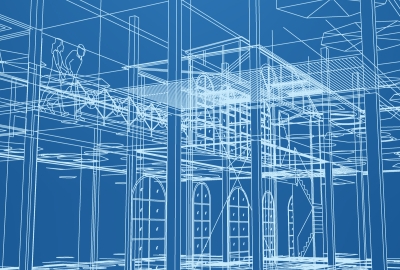 Image is blue with white lines creating a 3D rendering of a building
