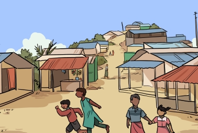 An illustration of four children playing in front of many colorful homes on a hill