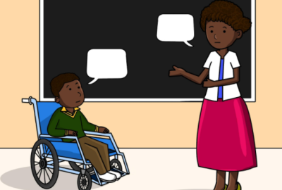 An illustration of a teacher speaking to a student in a wheelchair. They both are in front of a chalk board and have speech bubbles next to them. There is no text in the speech bubbles.
