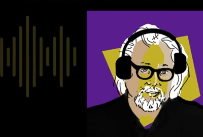 illustration of David Schroeder wearing headphones next to a sound wave