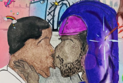 colorful painting of a couple kissing