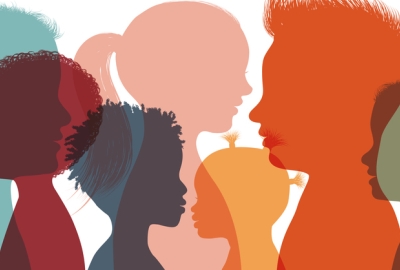 A graphic highlighting diversity, with different color profiles of elementary school children from the shoulders up.The graphic features 7 different colored profiles. From left to right, the color appear as follows acua blue, navry, apricot, yello, orange red, and olive.