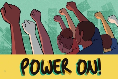 Cover art for Power On! graphic novel featuring several teenagers with their fists held in the air. 
