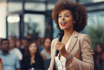 Professional Black woman holding microphone