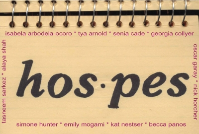 the show title hos·pes appears on yellowed notebook paper. the names of the artists surround it in pink font