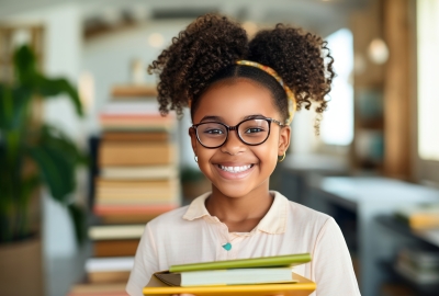 Image captures elementary aged school student seated in a school library. The student wears a white colored shirt, and eye glasses, while holding several books in hers arms.