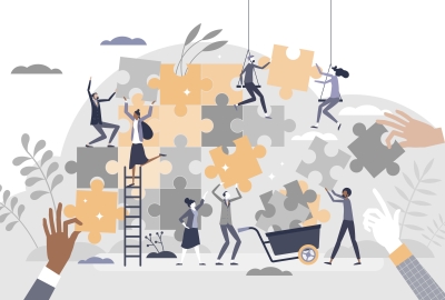 Teamwork jigsaw puzzle as partnership work assistance tiny person concept, transparent background. Team unity help for project challenges illustration.