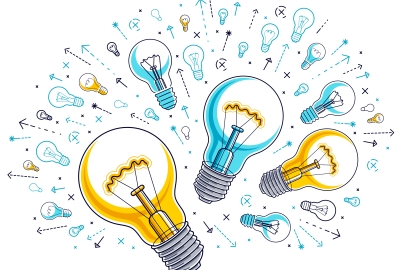 Dozens of yellow and blue light bulbs of different sizes float in a cloud