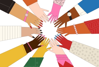 Ten different illustrated hands reach into the middle in a sign of teamwork