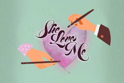 Heart with "She Loves Me" logo and two hands holding ink pens