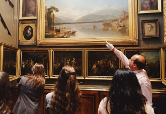 Professor pointing at painting. 