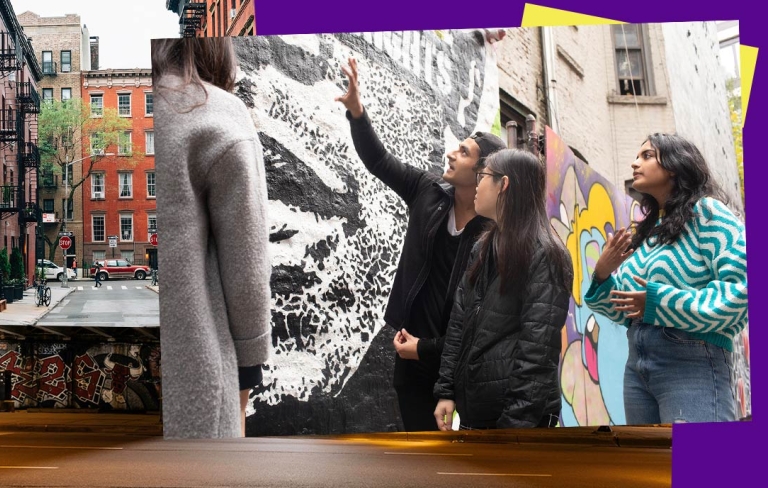 Collage of students looking at graffiti and NYC streets