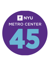 NYU Metro Center 45th Anniversary logo. Purple colored circle featuring light blue text, that reads NYU Metro Center 45".
