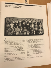 A yearbook page titled "1931-1932 Dance Club." There is a black-and-white photo of thirty women, with descriptive text that explains the group is directed by Martha Hill. 