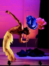 Dancer doing backbend in front of large flowers with pink background