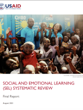 USAID Publication Report Cover, Photo of many children posing for a photo; SOCIAL AND EMOTIONAL LEARNING (SEL) SYSTEMATIC REVIEW