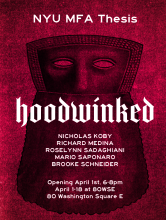 NYU MFA Thesis flyer featuring the show title in German style font in front of an ancient mask. Both are overlayed on top of a red textured background.