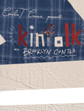 Blue plaid scrap fabric collage behind exhibition text.