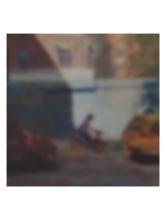 An out of focus painting of a riding a bicycle on a sidewalk.