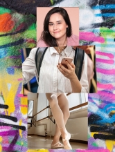 Collage of Emily Gaffga's face with ballet shoes