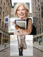 A collage featuring the head of Susan Jurevics, arms holding books, and legs wearing a skirt
