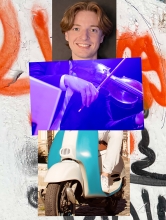 Collage of Orlando Bandini Viliani featuring a violin and a moped