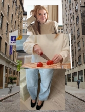 A three part collage with photos of Lily Osman showing her face, her hands cutting vegetables with a knife, and her feet