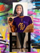 Three photos of Dora Onwumere displayed in a collage style