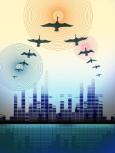 An illustration of birds flying above a skyline, with the buildings made of sound bars