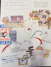 A poster colllage with drawings and words from a student.
