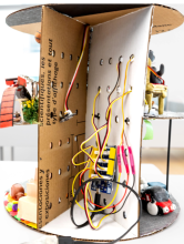 A diorama featuring wires, figurines, and a cardboard structure