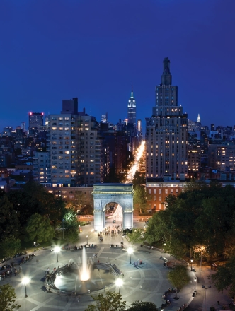 Washington Square Park and the New York City skyline at night
