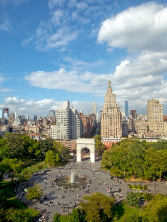 A aerial view of Washington Square park looking north