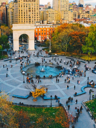 Aerial view of Washington Sq Park in autumn