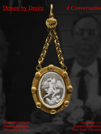 Graphic image of a gold pendant overlayed on top of a black and white image of a man