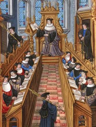 An early Renaissance depiction of doctors at the Sorbonne listening to a head tutor lecture.