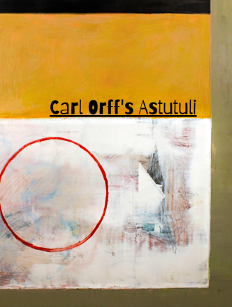 Abstract painting in yellow and white with a red circle