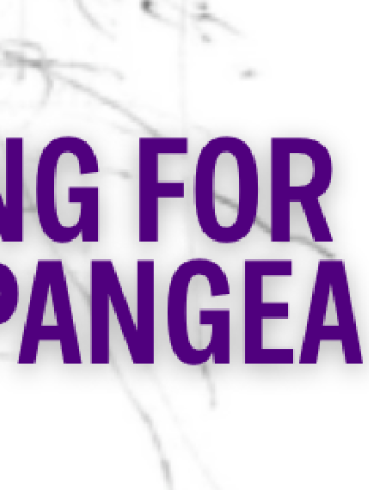 Sign for show called Waiting for Pangea. Black and white abstract minimalist background with purple lettering