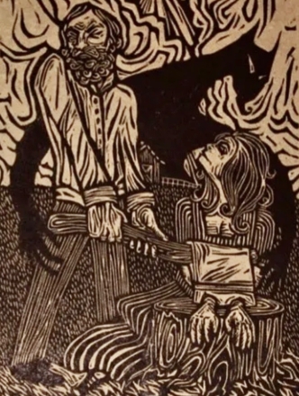 Black and white drawing of a man with a beard making a speech and a woman sitting next to him looking up at him.